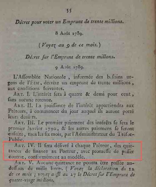 Fig. n° 6 : « Décret sur l'Emprunt de trente millions »