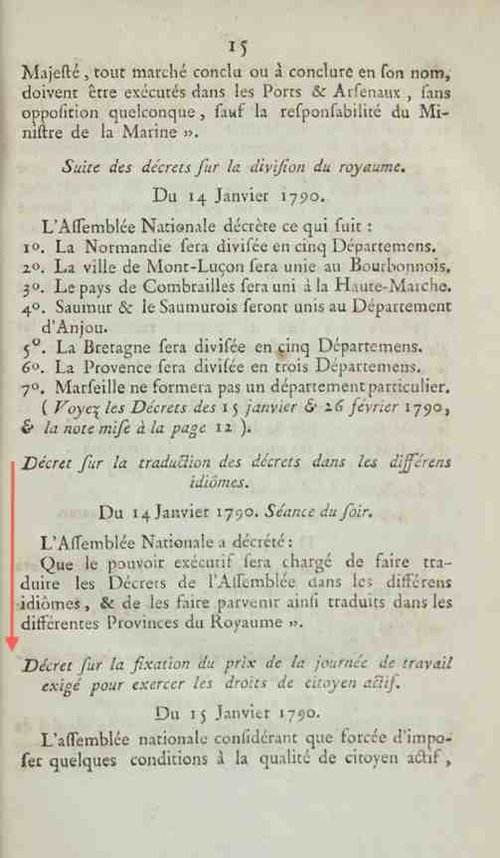 Fig. n° 8 : Le décret du 14 janvier 1790 « destitué de sa Sanction ». Coll. Baudouin, vol. 2, p. 15